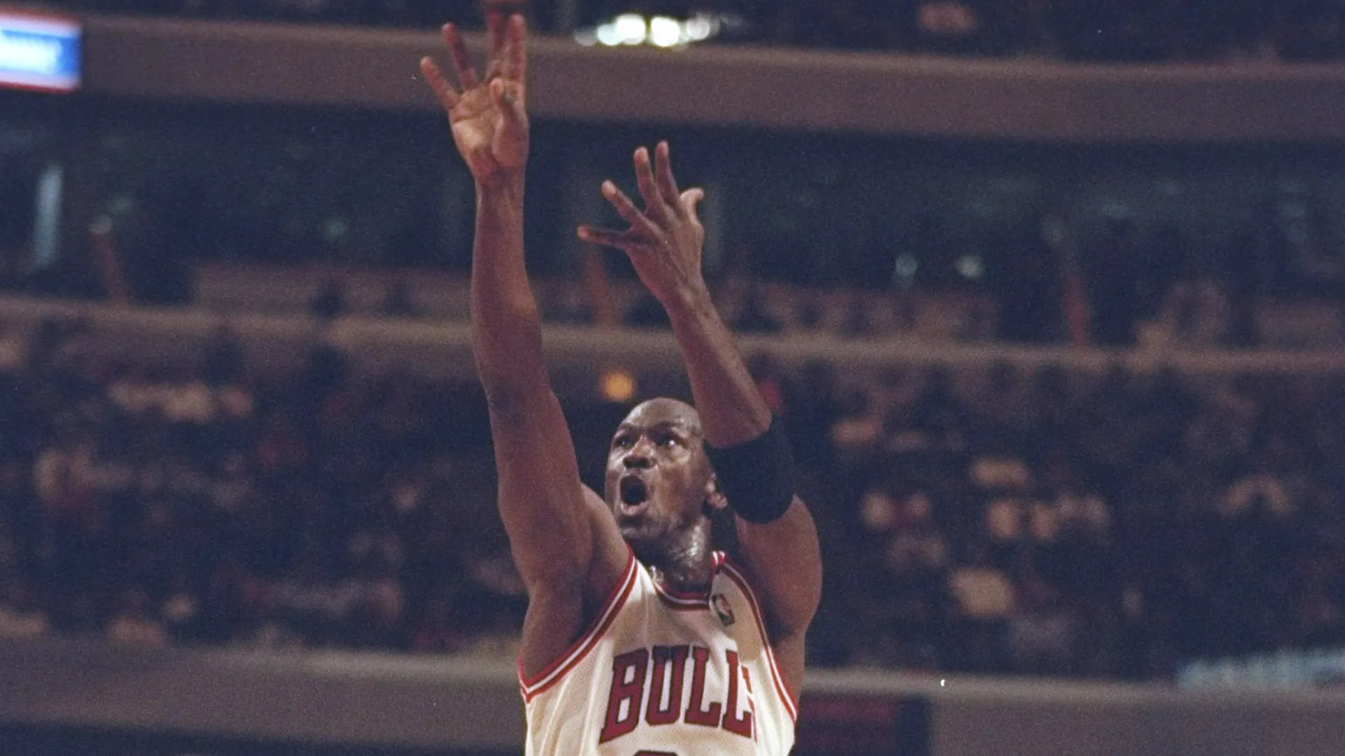 Guard Michael Jordan of the Chicago Bulls shoots the ball during a game against the Washington Bullets