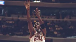 Guard Michael Jordan of the Chicago Bulls shoots the ball during a game against the Washington Bullets