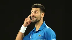 Djokovic of Serbia gestures to the crowd against Jiri Lehecka during 4th round match at the 2025 AUOpen