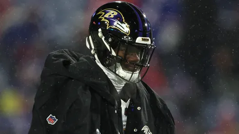 Lamar Jackson #8 of the Baltimore Ravens warms up prior to the game against the Buffalo Bills in the AFC Divisional Playoff at Highmark Stadium on January 19, 2025 in Orchard Park, New York.