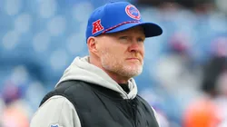 Head coach Sean McDermott of the Buffalo Bills looks on during warms up prior to playing the Denver Broncos during the AFC Wild Card Playoffs at Highmark Stadium on January 12, 2025 in Orchard Park, New York.