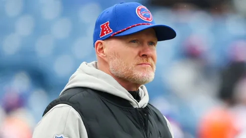Head coach Sean McDermott of the Buffalo Bills looks on during warms up prior to playing the Denver Broncos during the AFC Wild Card Playoffs at Highmark Stadium on January 12, 2025 in Orchard Park, New York.