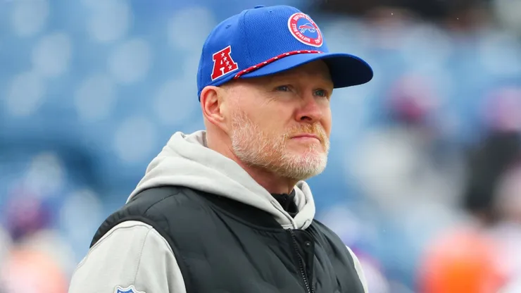 Head coach Sean McDermott of the Buffalo Bills looks on during warms up prior to playing the Denver Broncos during the AFC Wild Card Playoffs at Highmark Stadium on January 12, 2025 in Orchard Park, New York.