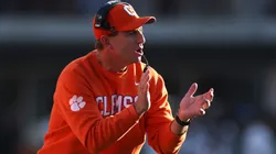 Head coach Dabo Swinney of the Clemson Tigers reacts during the second quarter against the Texas Longhorns in the Playoff First Round Game at Darrell K Royal-Texas Memorial Stadium on December 21, 2024 in Austin, Texas.