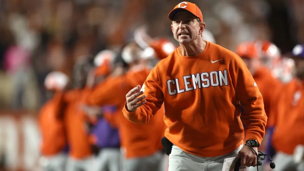 Head coach Dabo Swinney of the Clemson Tigers reacts during the fourth quarter against the Texas Longhorns in the Playoff First Round Game at Darrell K Royal-Texas Memorial Stadium on December 21, 2024 in Austin, Texas. Texas defeated Clemson 38-24.