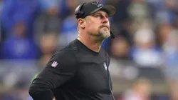 Head coach Dan Campbell of the Detroit Lions looks on during the first quarter against the Washington Commanders in the NFC Divisional Playoff at Ford Field on January 18, 2025 in Detroit, Michigan.