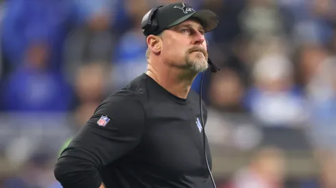 Head coach Dan Campbell of the Detroit Lions looks on during the first quarter against the Washington Commanders in the NFC Divisional Playoff at Ford Field on January 18, 2025 in Detroit, Michigan.