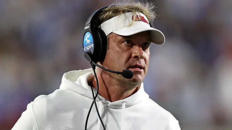 Head coach Lane Kiffin of the Mississippi Rebels looks on during the first half against the Arkansas Razorbacks at Vaught-Hemingway Stadium on October 07, 2023 in Oxford, Mississippi.