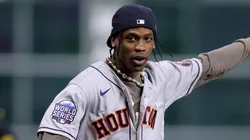 Rapper Travis Scott announces "play ball" prior to Game Six of the World Series between the Houston Astros and the Atlanta Braves at Minute Maid Park on November 02, 2021 in Houston, Texas.