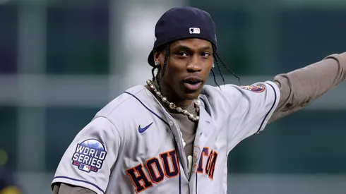 Rapper Travis Scott announces "play ball" prior to Game Six of the World Series between the Houston Astros and the Atlanta Braves at Minute Maid Park on November 02, 2021 in Houston, Texas.