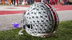 A detailed view of a Ohio State Buckeyes helmet before the game against the Tennessee Volunteers in the Playoff First Round Game at Ohio Stadium on December 21, 2024 in Columbus, Ohio.