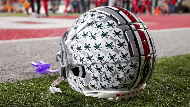 A detailed view of a Ohio State Buckeyes helmet before the game against the Tennessee Volunteers in the Playoff First Round Game at Ohio Stadium on December 21, 2024 in Columbus, Ohio.