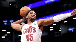 Donovan Mitchell #45 of the Cleveland Cavaliers dunks the ball against the Brooklyn Nets