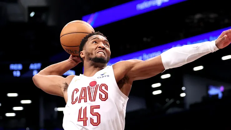 Donovan Mitchell #45 of the Cleveland Cavaliers dunks the ball against the Brooklyn Nets