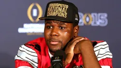Quarterback Cardale Jones #12 of the Ohio State Buckeyes talks to the media after defeating the Oregon Ducks in the College Football Playoff National Championship Game at AT&T Stadium on January 12, 2015 in Arlington, Texas. The Ohio State Buckeyes defeated the Oregon Ducks 42 to 20.