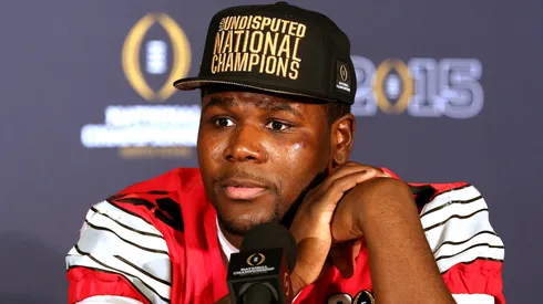 Quarterback Cardale Jones #12 of the Ohio State Buckeyes talks to the media after defeating the Oregon Ducks in the College Football Playoff National Championship Game at AT&T Stadium on January 12, 2015 in Arlington, Texas. The Ohio State Buckeyes defeated the Oregon Ducks 42 to 20.