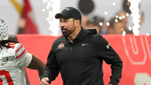 Head coach Ryan Day of the Ohio State Buckeyes takes the field prior to the 2025 CFP National Championship against the Notre Dame Fighting Irish at the Mercedes-Benz Stadium on January 20, 2025 in Atlanta, Georgia.