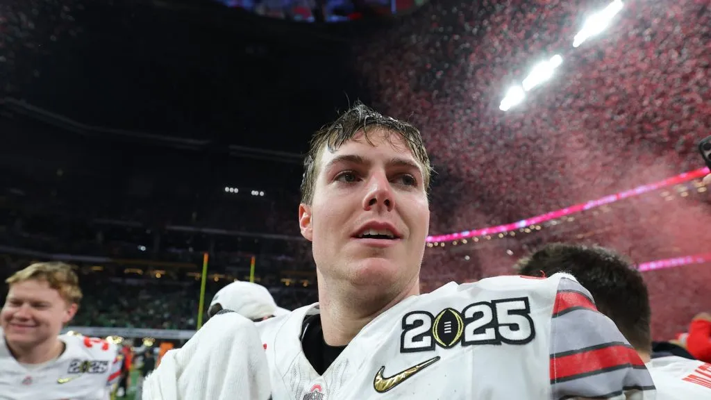 Will Howard #18 of the Ohio State Buckeyes celebrates after beating the Notre Dame Fighting Irish 34-23 in the 2025 CFP National Championship at the Mercedes-Benz Stadium on January 20, 2025 in Atlanta, Georgia.