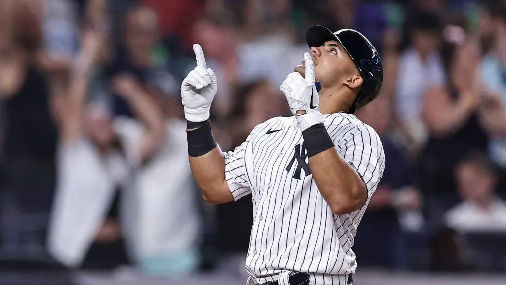 Jasson Domínguez #89 of the New York Yankees reacts after hitting a home run during the third inning of the game against the Detroit Tigers at Yankee Stadium on September 6, 2023 in New York City. (Photo by Dustin Satloff/Getty Images)