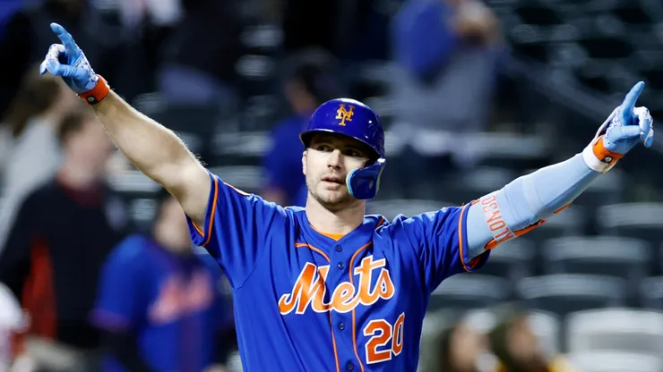 Pete Alonso #20 of the New York Mets reacts after hitting a walk-off three-run home run during the tenth inning against the Tampa Bay Rays at Citi Field on May 17, 2023 in the Flushing neighborhood of the Queens borough of New York City.