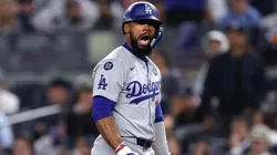 Teoscar Hernández #37 of the Los Angeles Dodgers celebrates after a single during the ninth inning of Game Five of the 2024 World Series against the New York Yankees at Yankee Stadium on October 30, 2024 in the Bronx borough of New York City.