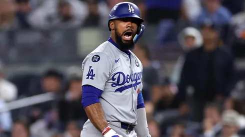 Teoscar Hernández #37 of the Los Angeles Dodgers celebrates after a single during the ninth inning of Game Five of the 2024 World Series against the New York Yankees at Yankee Stadium on October 30, 2024 in the Bronx borough of New York City.