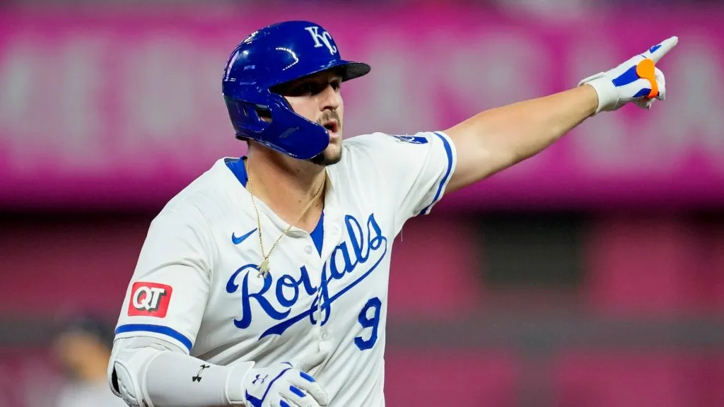 Vinnie Pasquantino #9 of the Kansas City Royals reacts after hitting a home run during the fourth inning against the Houston Astros at Kauffman Stadium on April 10, 2024 in Kansas City, Missouri. (Photo by Jay Biggerstaff/Getty Images)