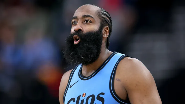 James Harden #1 of the LA Clippers reacts to his foul during a 102-92 Clippers win over the Golden State Warriors at Intuit Dome on December 27, 2024 in Inglewood, California.