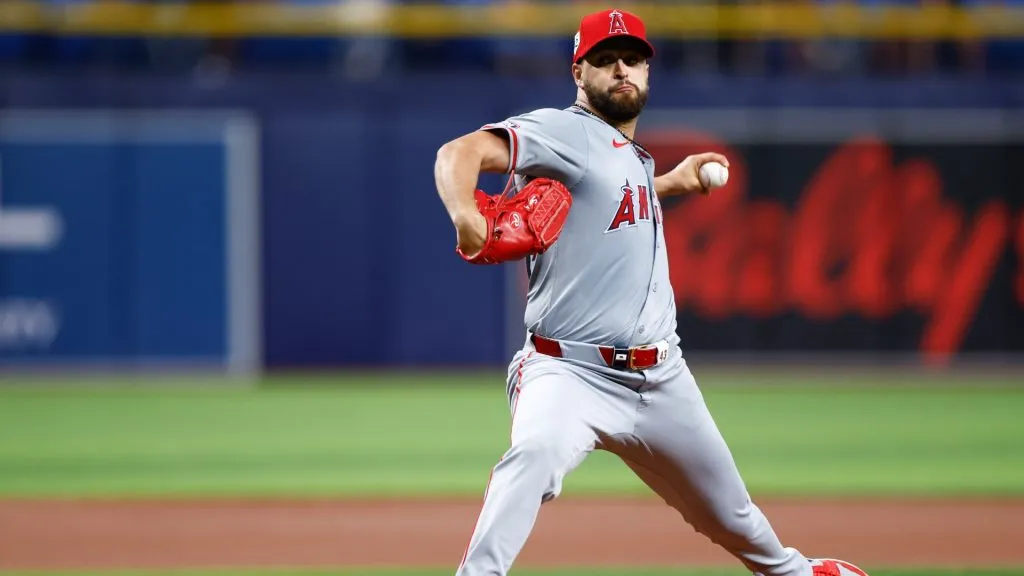 Patrick Sandoval #43 of the Los Angeles Angels throws a pitch against the Tampa Bay Rays during the first inning at Tropicana Field on April 15, 2024 in St Petersburg, Florida. All players are wearing the number 42 in honor of Jackie Robinson Day. (Photo by Douglas P. DeFelice/Getty Images)