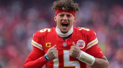 Patrick Mahomes #15 of the Kansas City Chiefs reacts prior to the AFC Divisional Playoff against the Houston Texans at GEHA Field at Arrowhead Stadium on January 18, 2025 in Kansas City, Missouri.