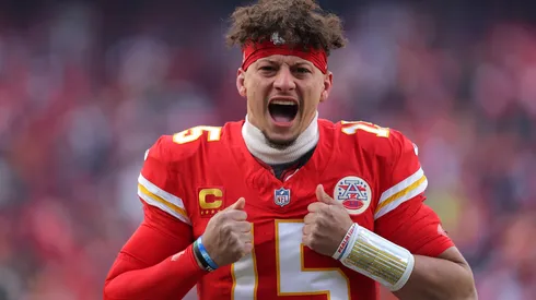 Patrick Mahomes #15 of the Kansas City Chiefs reacts prior to the AFC Divisional Playoff against the Houston Texans at GEHA Field at Arrowhead Stadium on January 18, 2025 in Kansas City, Missouri.
