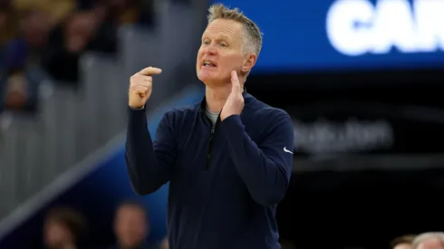 Golden State Warriors head coach Steve Kerr directs his team during their game against the Boston Celtics during the first half at Chase Center.