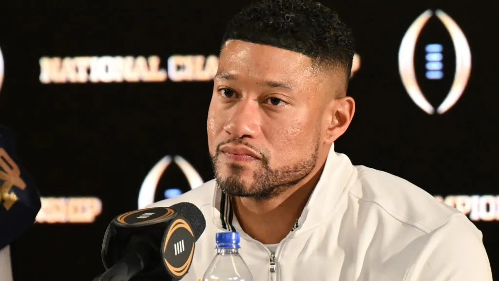 Head coach Marcus Freeman of the Notre Dame Fighting Irish speaks during a press conference after the 2025 CFP National Championship game against the Ohio State Buckeyes at Mercedes-Benz Stadium on January 20, 2025 in Atlanta, Georgia. Notre Dame Fighting Irish defeated the Ohio State Buckeyes 34-23.