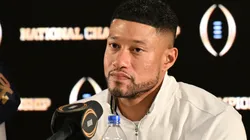 Head coach Marcus Freeman of the Notre Dame Fighting Irish speaks during a press conference after the 2025 CFP National Championship game against the Ohio State Buckeyes at Mercedes-Benz Stadium on January 20, 2025 in Atlanta, Georgia. Notre Dame Fighting Irish defeated the Ohio State Buckeyes 34-23.