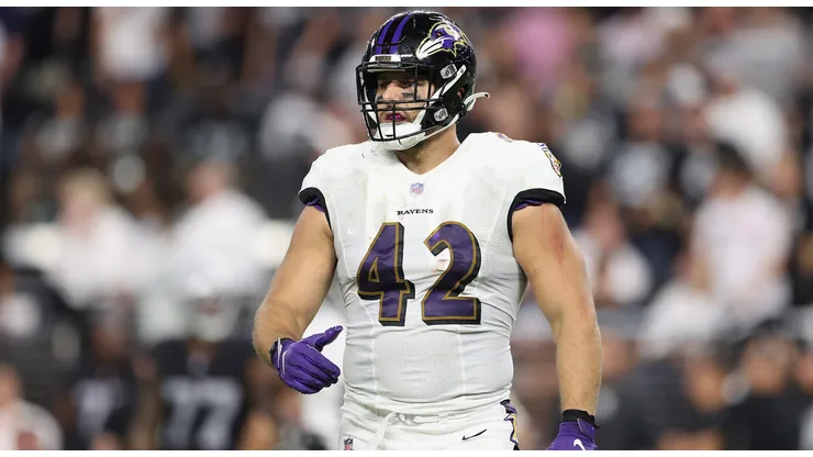 Fullback Patrick Ricard #42 of the Baltimore Ravens during the NFL game against the Las Vegas Raiders at Allegiant Stadium on September 13, 2021 in Las Vegas, Nevada. The Raiders defeated the Ravens 33-27 in overtime.