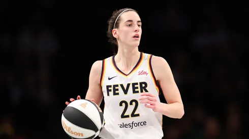 Caitlin Clark of the Indiana Fever dribbles the ball against the New York Liberty