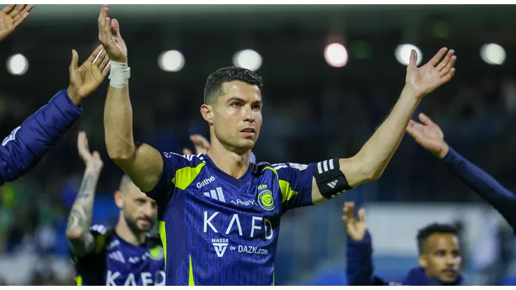 Cristiano Ronaldo of Al Nassr celebratets victory after winning the Saudi Pro League match between Al Khaleej and Al Nassr at Prince Mohammed bin Fahad Stadium in Dammam on January 21, 2025 in Dammam, Saudi Arabia.