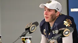 Riley Leonard #13 of the Notre Dame Fighting Irish speaks during a press conference after the 2025 CFP National Championship game against the Ohio State Buckeyes at Mercedes-Benz Stadium on January 20, 2025 in Atlanta, Georgia. Notre Dame Fighting Irish defeated the Ohio State Buckeyes 34-23.