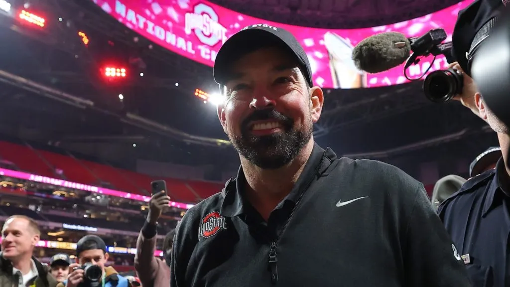 Head coach Ryan Day of the Ohio State Buckeyes leaves the field after beating the Notre Dame Fighting Irish 34-23 in the 2025 CFP National Championship at the Mercedes-Benz Stadium on January 20, 2025 in Atlanta, Georgia.