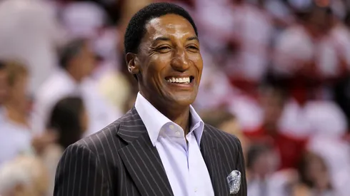 Former Chicago Bull Scottie Pippen looks on as the Chicago Bulls play against the Miami Heat.
