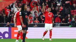 Vangelis Pavlidis of S.L Benfica celebrates scoring his team's second goal vs Barcelona