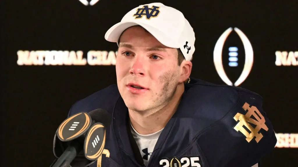 Riley Leonard #13 of the Notre Dame Fighting Irish speaks during a press conference after the 2025 CFP National Championship game against the Ohio State Buckeyes at Mercedes-Benz Stadium on January 20, 2025 in Atlanta, Georgia. Notre Dame Fighting Irish defeated the Ohio State Buckeyes 34-23.