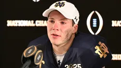 Riley Leonard #13 of the Notre Dame Fighting Irish speaks during a press conference after the 2025 CFP National Championship game against the Ohio State Buckeyes at Mercedes-Benz Stadium on January 20, 2025 in Atlanta, Georgia. Notre Dame Fighting Irish defeated the Ohio State Buckeyes 34-23.