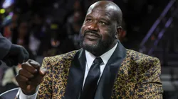Naismith Memorial Basketball Hall of Fame member Shaquille O'Neal gets a fist bump as he attends a semifinal game of the Emirates NBA Cup.