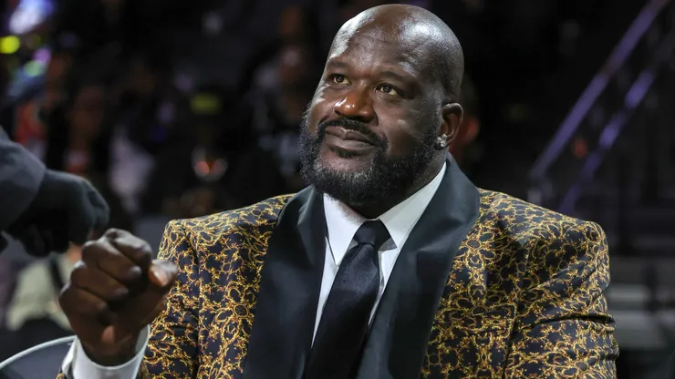 Naismith Memorial Basketball Hall of Fame member Shaquille O'Neal gets a fist bump as he attends a semifinal game of the Emirates NBA Cup.