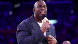 Magic Johnson speaks to the fans during the jersey retirement of Michael Cooper during halftime of the game between the Los Angeles Lakers and the San Antonio Spurs at Crypto.com Arena on January 13, 2025 in Los Angeles, California.