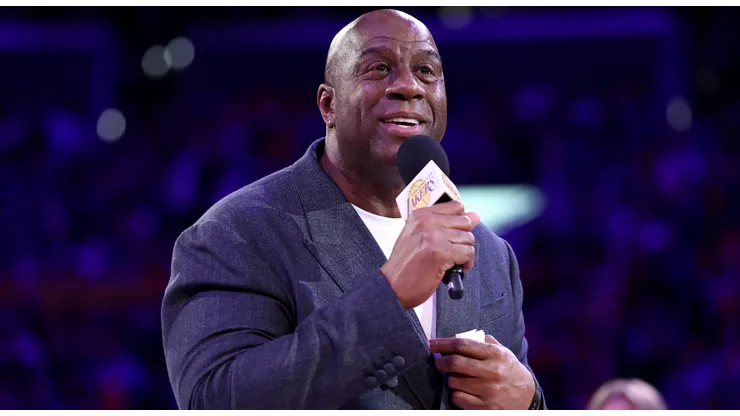 Magic Johnson speaks to the fans during the jersey retirement of Michael Cooper during halftime of the game between the Los Angeles Lakers and the San Antonio Spurs at Crypto.com Arena on January 13, 2025 in Los Angeles, California.
