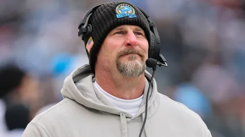 Head coach Dan Campbell of the Detroit Lions looks on before the game against the Chicago Bears at Soldier Field on December 22, 2024 in Chicago, Illinois.