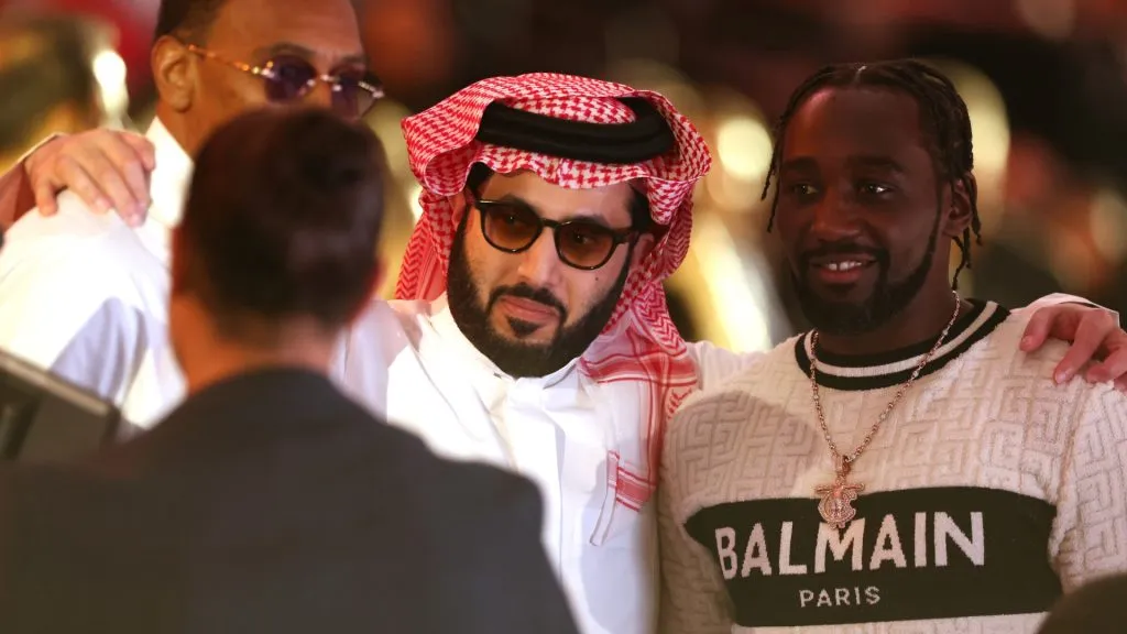 (L-R) Saudi Arabian adviser Turki Al-AlShaikh, and boxer Terrence Crawford pose during UFC 306: Riyadh Season Noche at Sphere on September 14, 2024 in Las Vegas, Nevada. (Photo by Christian Petersen/Getty Images)