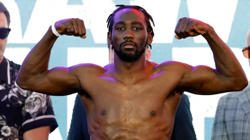 Terence Crawford, a welterweight undisputed champion, poses on the scale after his official weigh-in at LA Live on August 2, 2024 in Los Angeles, California. Crawford and Madrimov will fight for the super-welterweight title on Saturday August 3, 2024 at BMO Stadium in Los Angeles, California.